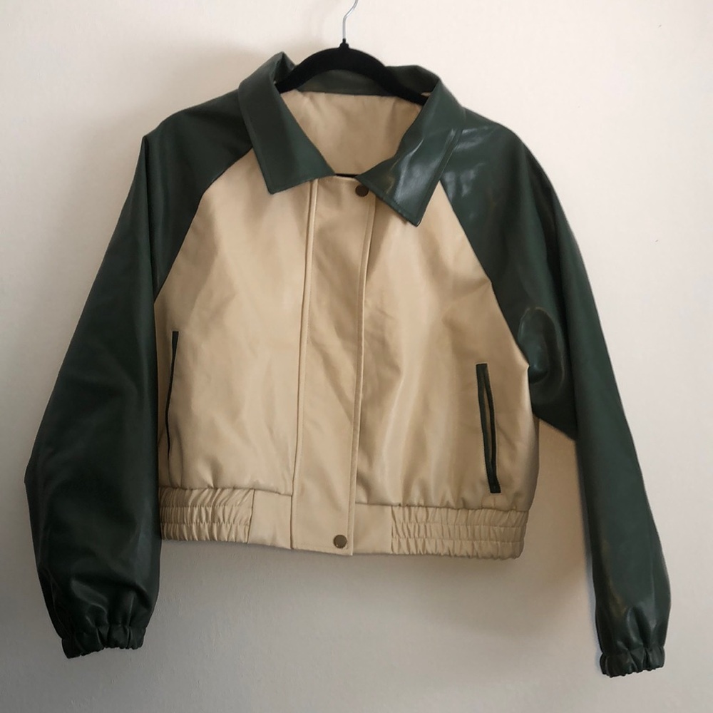 Dazy Retro Varsity Jacket Green and Cream Women's Jacket Size M Cropped